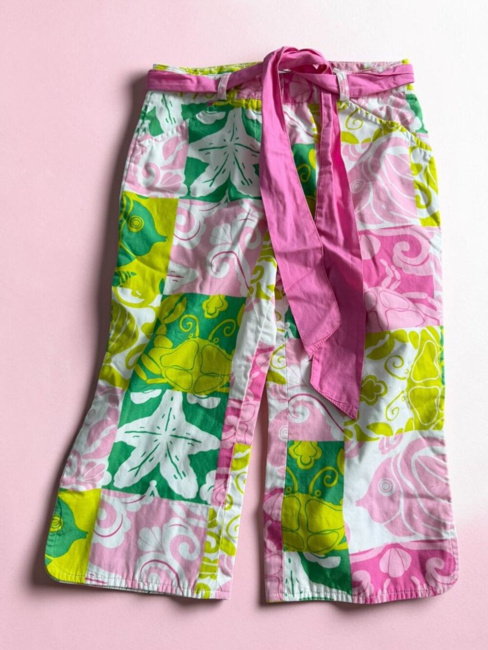 LILLY PULITZER Vintage Girls Sea Life Patchwork Patterned Belted Pants Size 6X